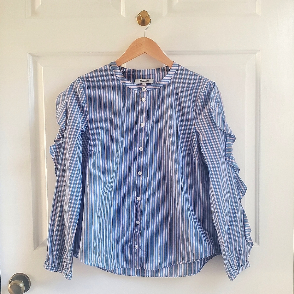 Madewell Stipped Blouse Size M 100% Cotton with Ruffle Sleeve Detail